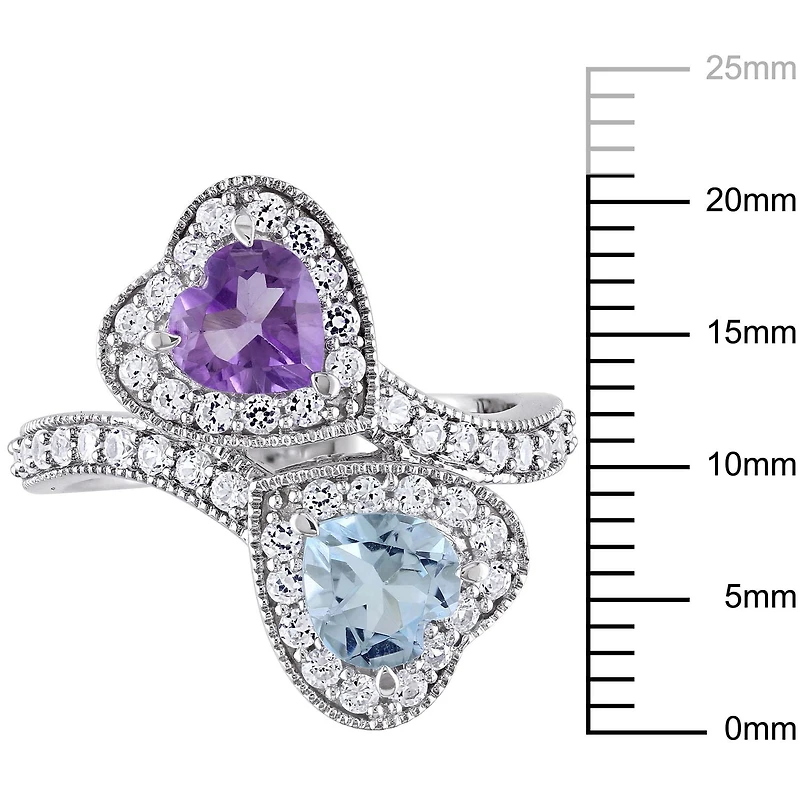 Tangelo 2-1/2 Carat T.G.W. Amethyst Blue Topaz and Created White Sapphire Sterling Silver Double Heart Bypass Ring