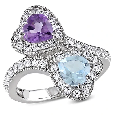 Tangelo 2-1/2 Carat T.G.W. Amethyst Blue Topaz and Created White Sapphire Sterling Silver Double Heart Bypass Ring