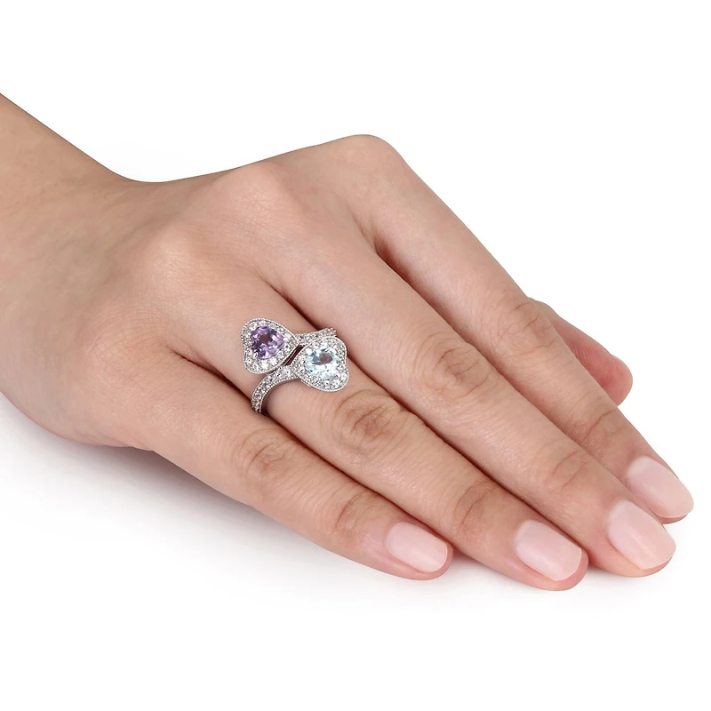 Tangelo 2-1/2 Carat T.G.W. Amethyst Blue Topaz and Created White Sapphire Sterling Silver Double Heart Bypass Ring