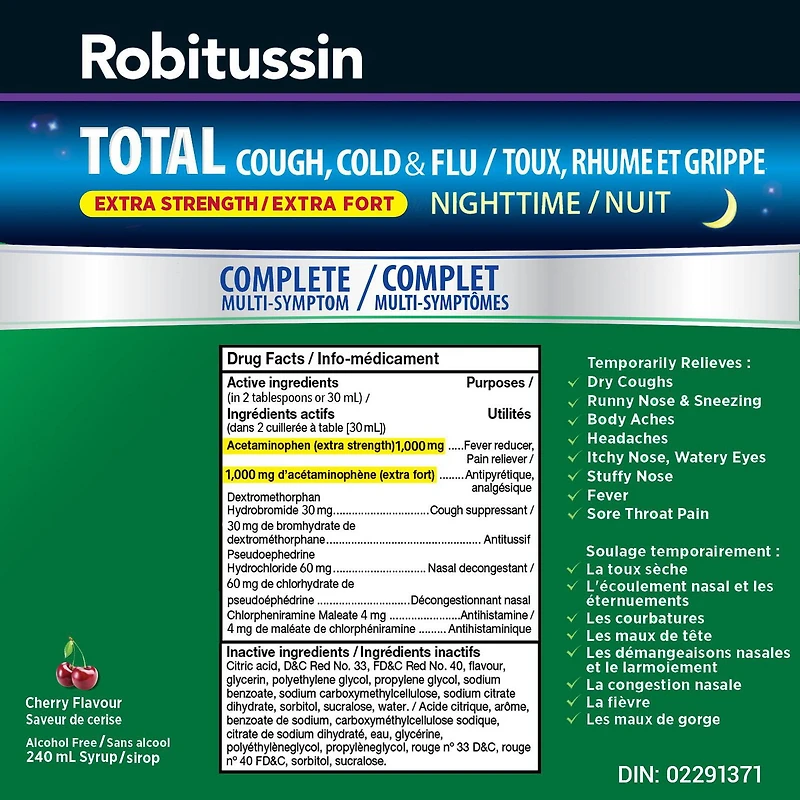 Sirop Robitussin Total Toux, rhume et grippe Extra fort Nuit, sans alcool, 240 ml 240 ml
