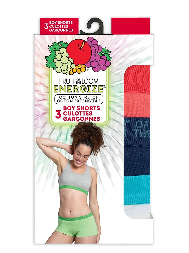 Ladies' ENERGIZE Cotton Stretch Boyshort, Assorted 3 Pack