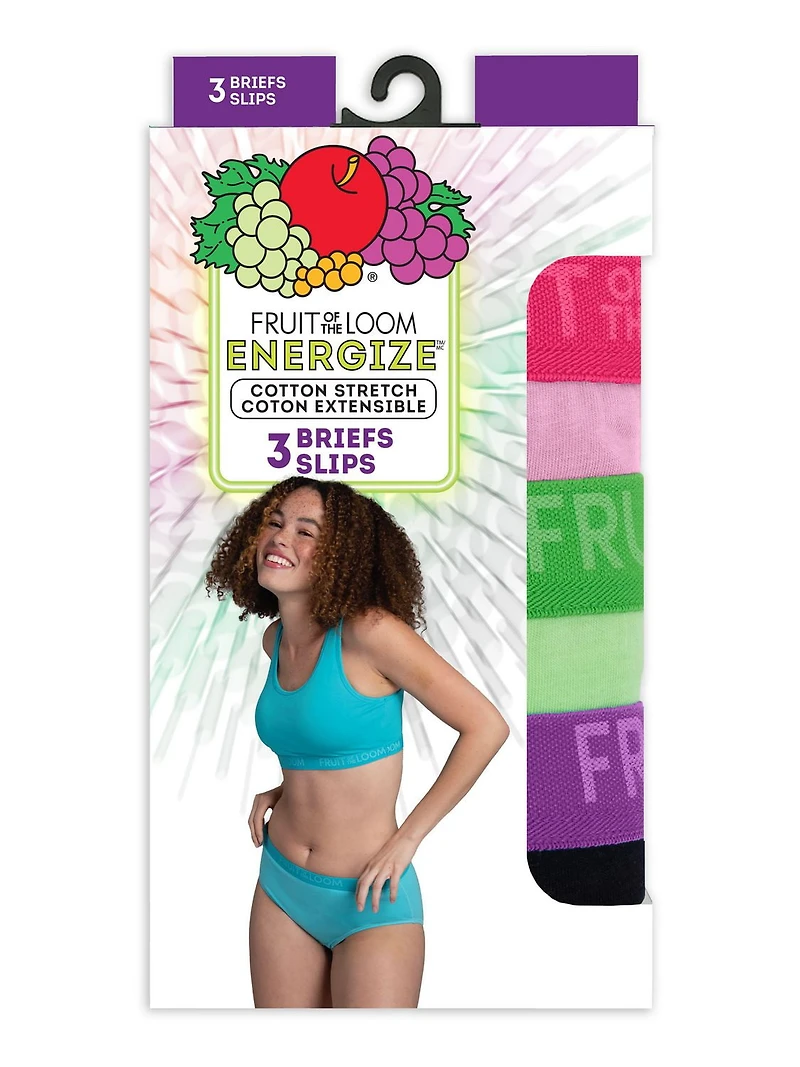Ladies' ENERGIZE Cotton Stretch Brief, Assorted 3 Pack