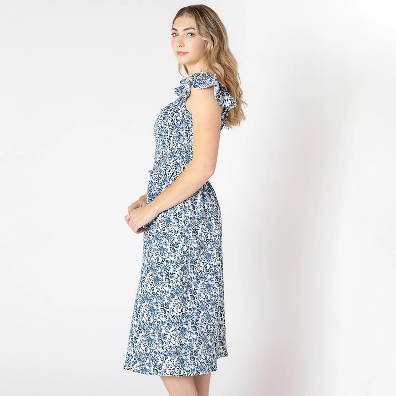 Devoted sleeveless midi dress with shoulder ruffle