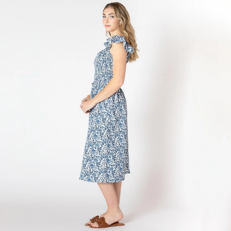 Devoted sleeveless midi dress with shoulder ruffle