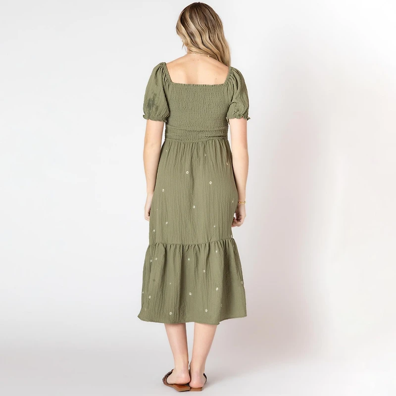 Devoted short puffed sleeve calf length tiered dress, Calf length tiered dress
