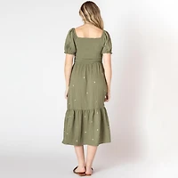 Devoted short puffed sleeve calf length tiered dress, Calf length tiered dress