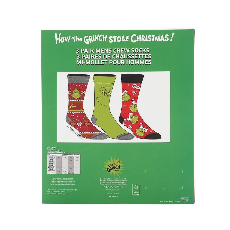 Dr. Seuss The Grinch Men’s Crew Socks In Collectible Gift Box, 3 Pack