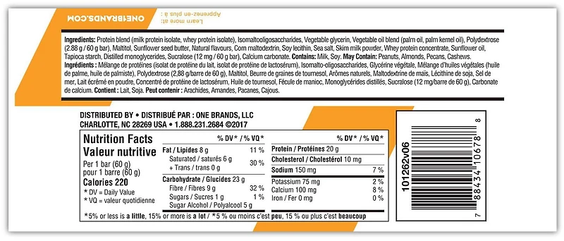 One Protein Bar Maple Glazed Doughnut, 20g of protein, 1g of sugar