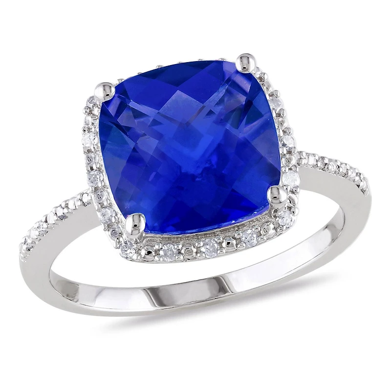 Bague cocktail de forme auréole Tangelo avec saphir bleu synthétique 5,75 CT PBT et accents de diamants, en argent sterling