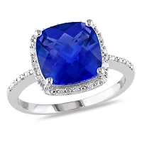 Bague cocktail de forme auréole Tangelo avec saphir bleu synthétique 5,75 CT PBT et accents de diamants, en argent sterling