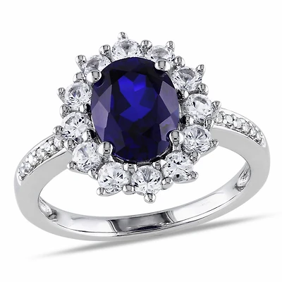 Bague de forme auréole Tangelo avec saphirs bleu et blancs synthétiques 4 CT PBT et accents de diamants, en argent sterling