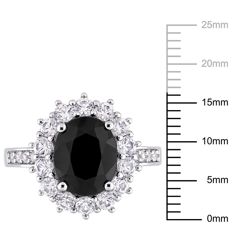 Asteria 5 Carat T.G.W. Black Sapphire and Created White Sapphire Sterling Silver Halo Cocktail Ring