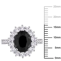 Asteria 5 Carat T.G.W. Black Sapphire and Created White Sapphire Sterling Silver Halo Cocktail Ring