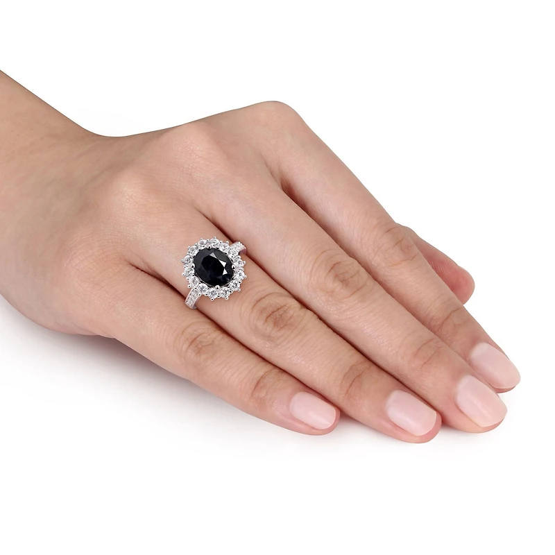 Asteria 5 Carat T.G.W. Black Sapphire and Created White Sapphire Sterling Silver Halo Cocktail Ring