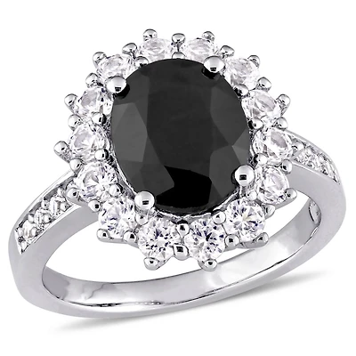 Asteria 5 Carat T.G.W. Black Sapphire and Created White Sapphire Sterling Silver Halo Cocktail Ring