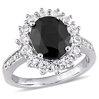 Asteria 5 Carat T.G.W. Black Sapphire and Created White Sapphire Sterling Silver Halo Cocktail Ring