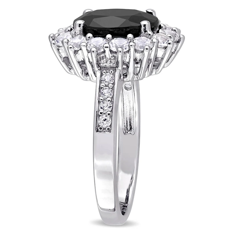 Asteria 5 Carat T.G.W. Black Sapphire and Created White Sapphire Sterling Silver Halo Cocktail Ring