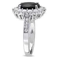 Asteria 5 Carat T.G.W. Black Sapphire and Created White Sapphire Sterling Silver Halo Cocktail Ring