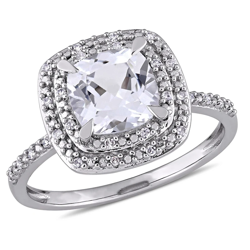 Bague de fiançailles de forme auréole Miabella avec saphir blanc synthétique 2 CT PBT et diamants 0.10 CT poids total, en or blanc 10K