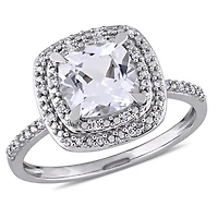 Bague de fiançailles de forme auréole Miabella avec saphir blanc synthétique 2 CT PBT et diamants 0.10 CT poids total, en or blanc 10K