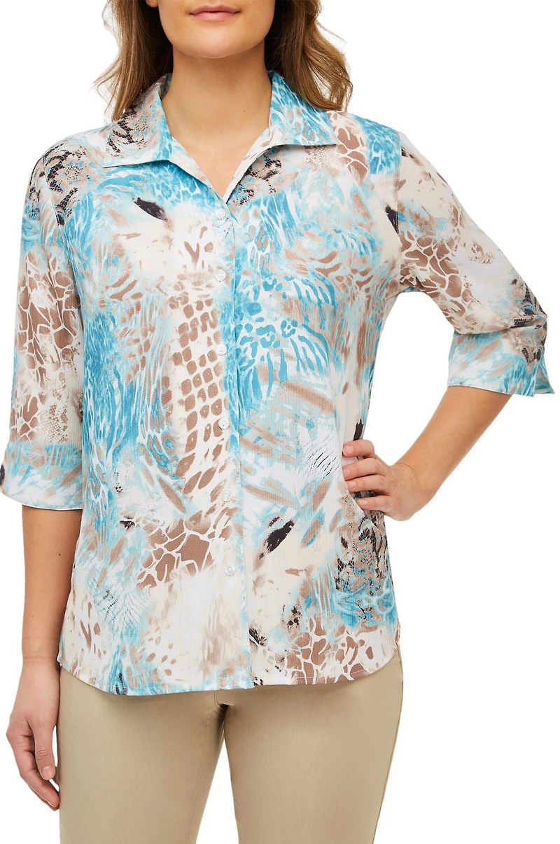 Alia Women's 3/4 Sleeve Crinkle Button Front Blouse