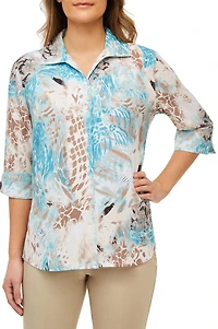 Alia Women's 3/4 Sleeve Crinkle Button Front Blouse