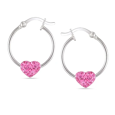 Quintessential Sterling Silver with Pink Crystal Heart Medium Hoop Earrings