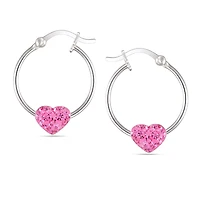 Quintessential Sterling Silver with Pink Crystal Heart Medium Hoop Earrings