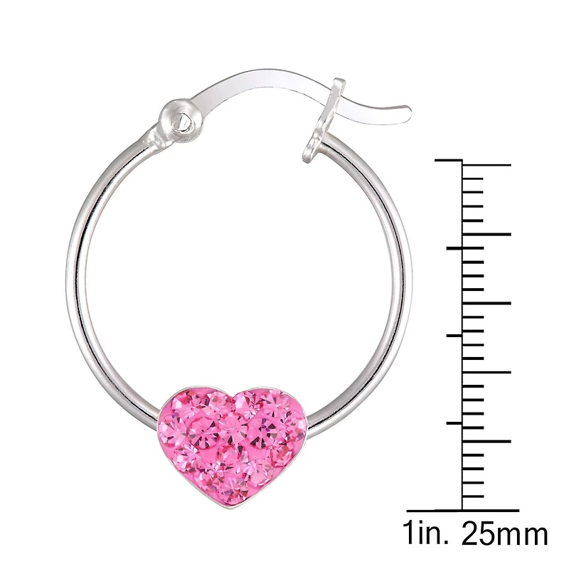 Quintessential Sterling Silver with Pink Crystal Heart Medium Hoop Earrings