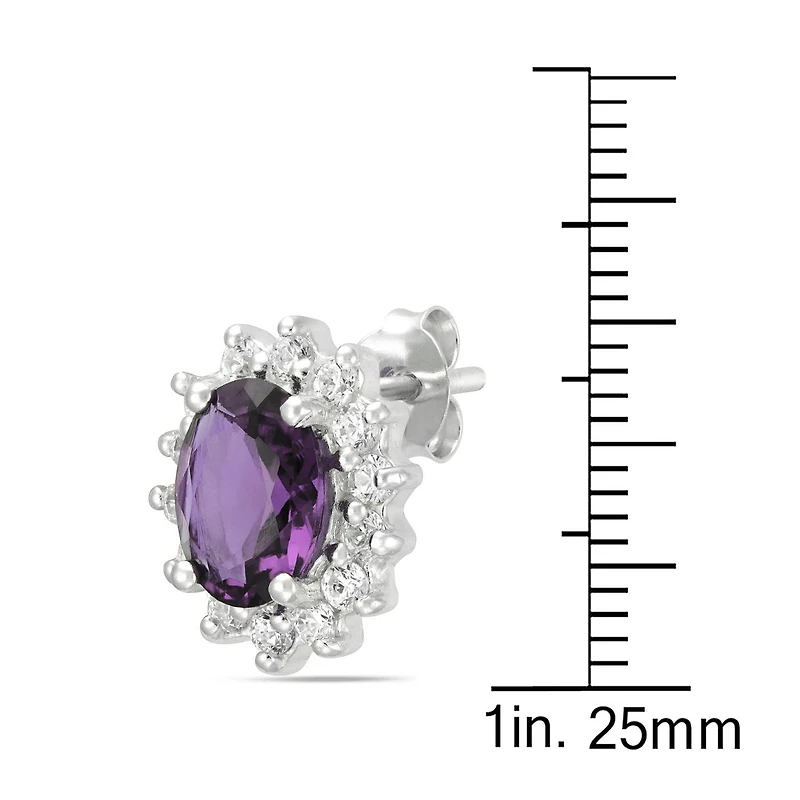QUINTESSENTIAL STERLING SILVER OVAL PURPLE CZ FRAMED WITH CUBICS STUDS
