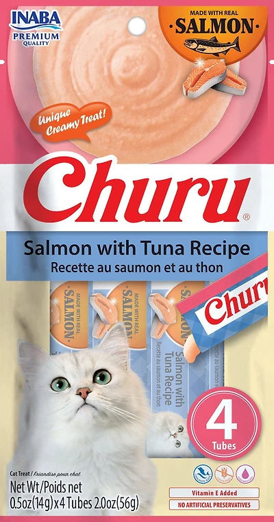 INABA Churu Cat Treats, Purée crémeuse léchée sans grain avec vitamine E - Saumon avec recette de thon 4 tubes 56g (4x14g)