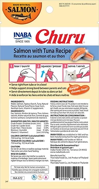 INABA Churu Cat Treats, Purée crémeuse léchée sans grain avec vitamine E - Saumon avec recette de thon 4 tubes 56g (4x14g)