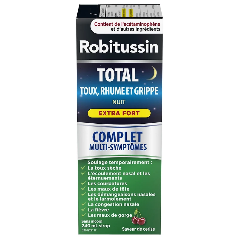 Sirop Robitussin Total Toux, rhume et grippe Extra fort Nuit, sans alcool, 240 ml 240 ml