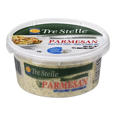 Produit de fromage parmesan râpé aux herbes méditerranéennes Tre Stelle 125 g