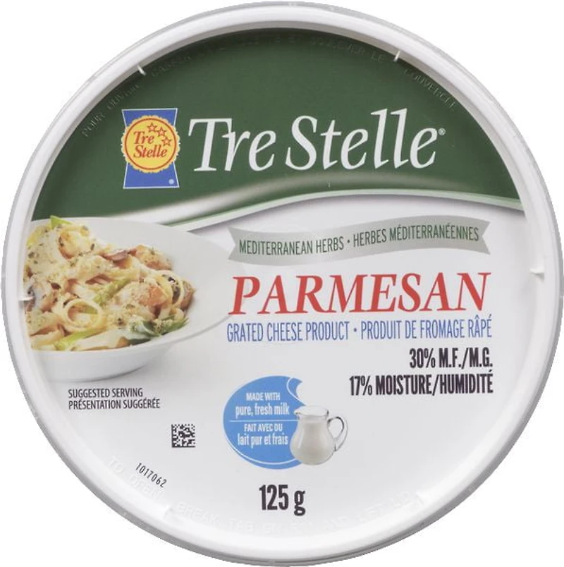 Produit de fromage parmesan râpé aux herbes méditerranéennes Tre Stelle 125 g