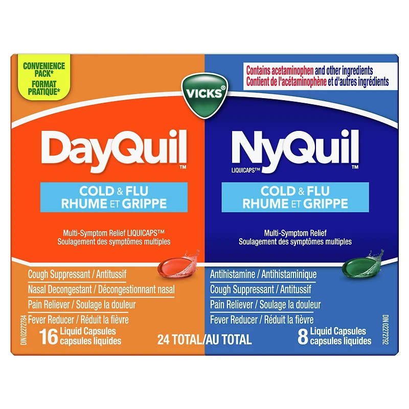 Vicks DayQuil and NyQuil Cold and Flu Symptom Relief, Liquicap Medicine, Multi-Symptom Daytime and Nighttime Relief for Headache, Fever, Sore Throat Pain, Minor Aches and Pains, and Cough, Convenience