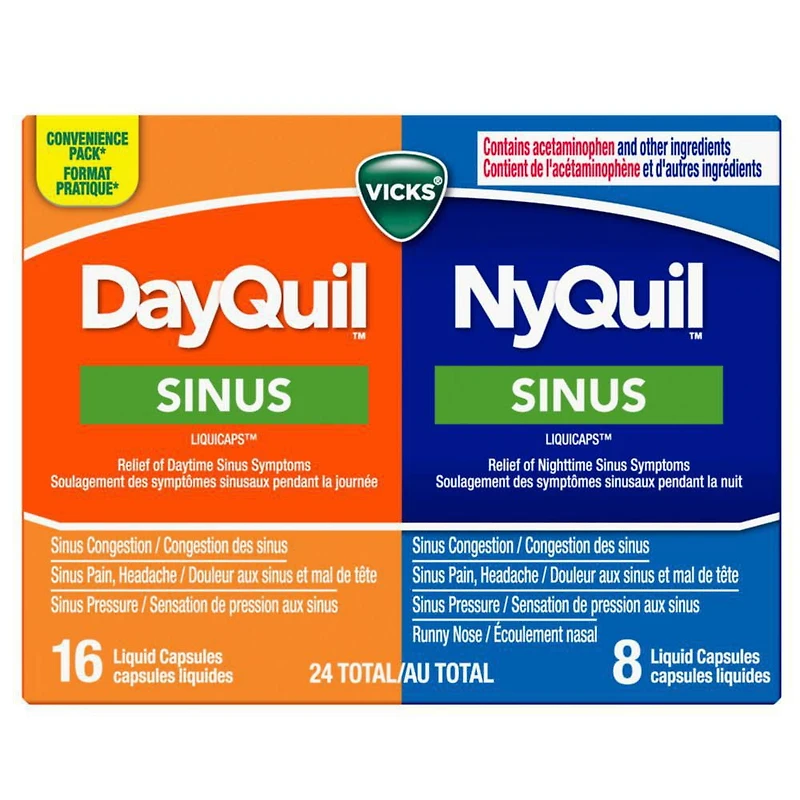 Vicks Capsules LiquiCaps NyQuil et DayQuil Sinus emballage duo 24 unités