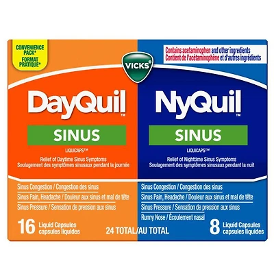 Vicks Capsules LiquiCaps NyQuil et DayQuil Sinus emballage duo 24 unités