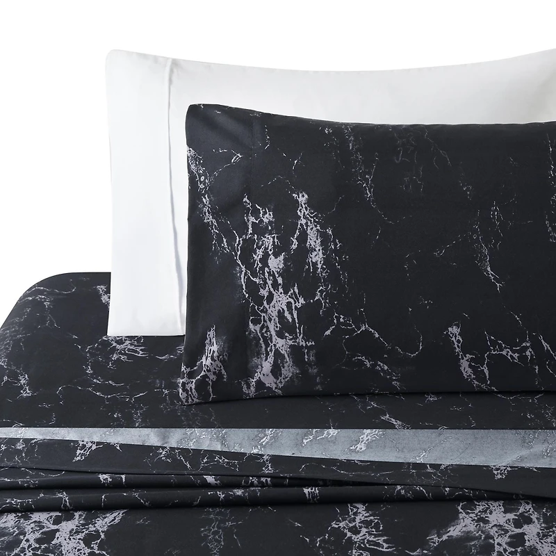 Marina Decoration Ultra Soft Silky Deep Pocket Rich Printed Bedding Rayon from Bamboo All Season Sheet Set with Pillowcases, Modern Black Marble Pattern