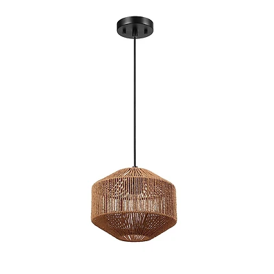 Luminaire suspendu Lotus à 1 ampoule, abat-jour en ficelle naturelle, cordon en tissu noir