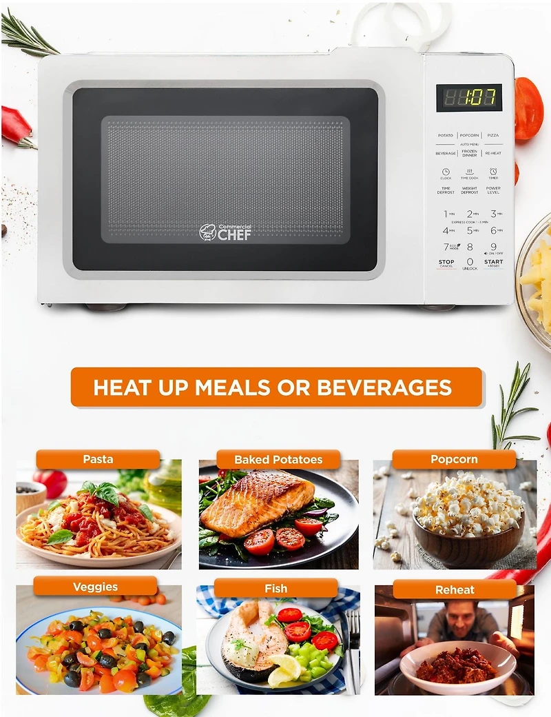 COMMERCIAL CHEF 0.7 Cubic Foot Microwave with 10 Power Levels, Small Microwave with Pull Handle, 700W Countertop Microwave up to 99 Minute Timer and Digital Display, White