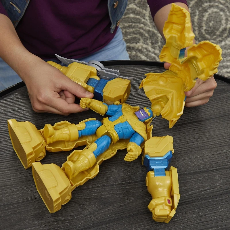 Hasbro Marvel Avengers Mech Strike, figurine articulée de 22,5 cm Thanos Armure d'infinité avec lame rotative, pour enfants, dès 4 ans