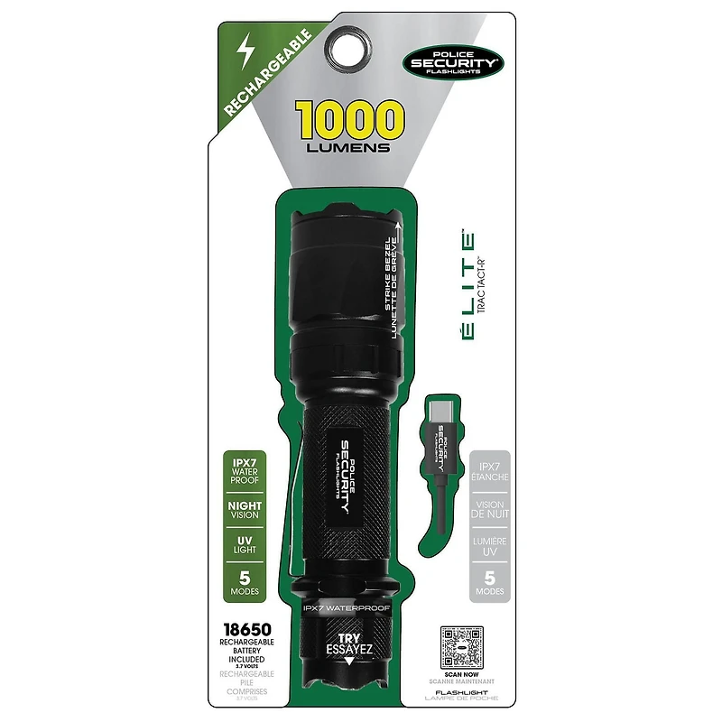Police Security Trac-Tact R Rechargeable Flashlight, 5 Mode, 1000 Lumen Rechargeable