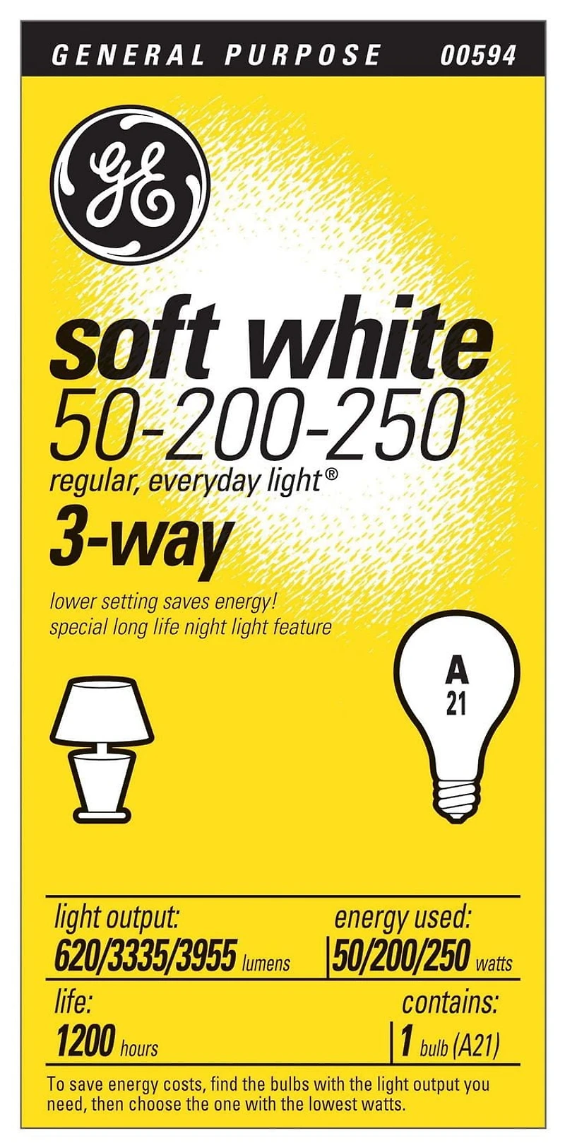 Lampe blanc doux trois intensités A21 GE 50/200/250 W – paquet de 1