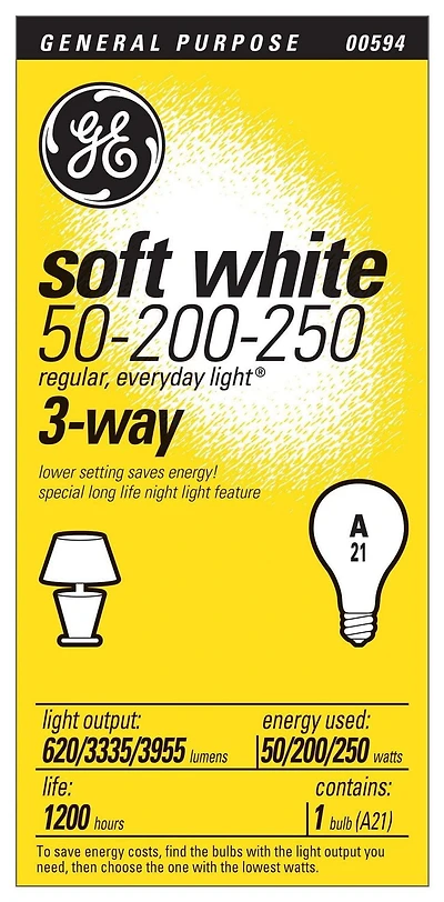 Lampe blanc doux trois intensités A21 GE 50/200/250 W – paquet de 1