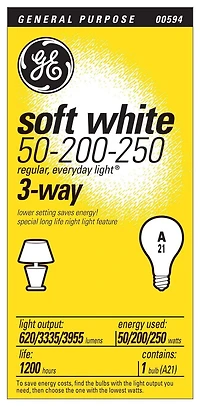 Lampe blanc doux trois intensités A21 GE 50/200/250 W – paquet de 1