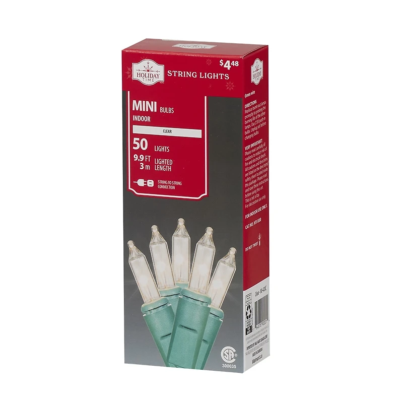 Holiday Time 50-Count Clear Incandescent Mini Christmas Lights, with Green Wire, 9.9'