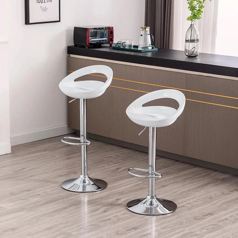 Heavenly Collection White Round Stool, White Adjustable Stool, White Plastic Stool, White Shiny Stool with Stainless Steel Base, White Low Back Stool with Footrest, Plastic Stool, Kitchen Stool, Islan