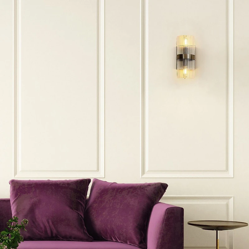 2-Light Matte Brass Wall Sconce with Ribbed Glass Shade