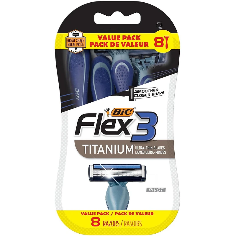 Rasoirs jetables pour hommes BIC Flex 3 Titanium, des rasoirs parfaits pour un rasage lisse et confortable, rasoirs 3 lames, paquet de 8. Paquet de 8